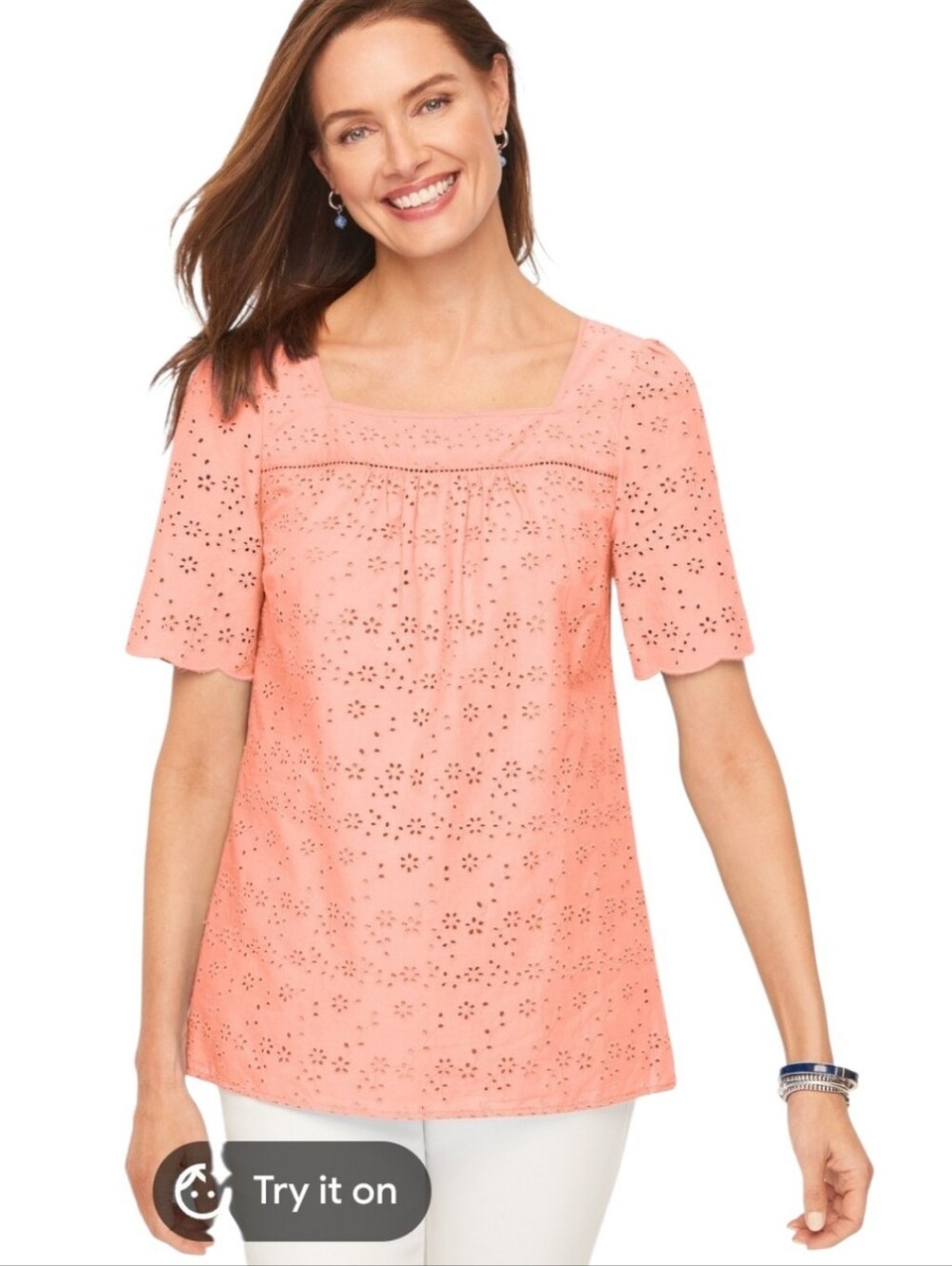 Women's Talbots Peach Color Square Neck Eyelet Top Sz Med NWT